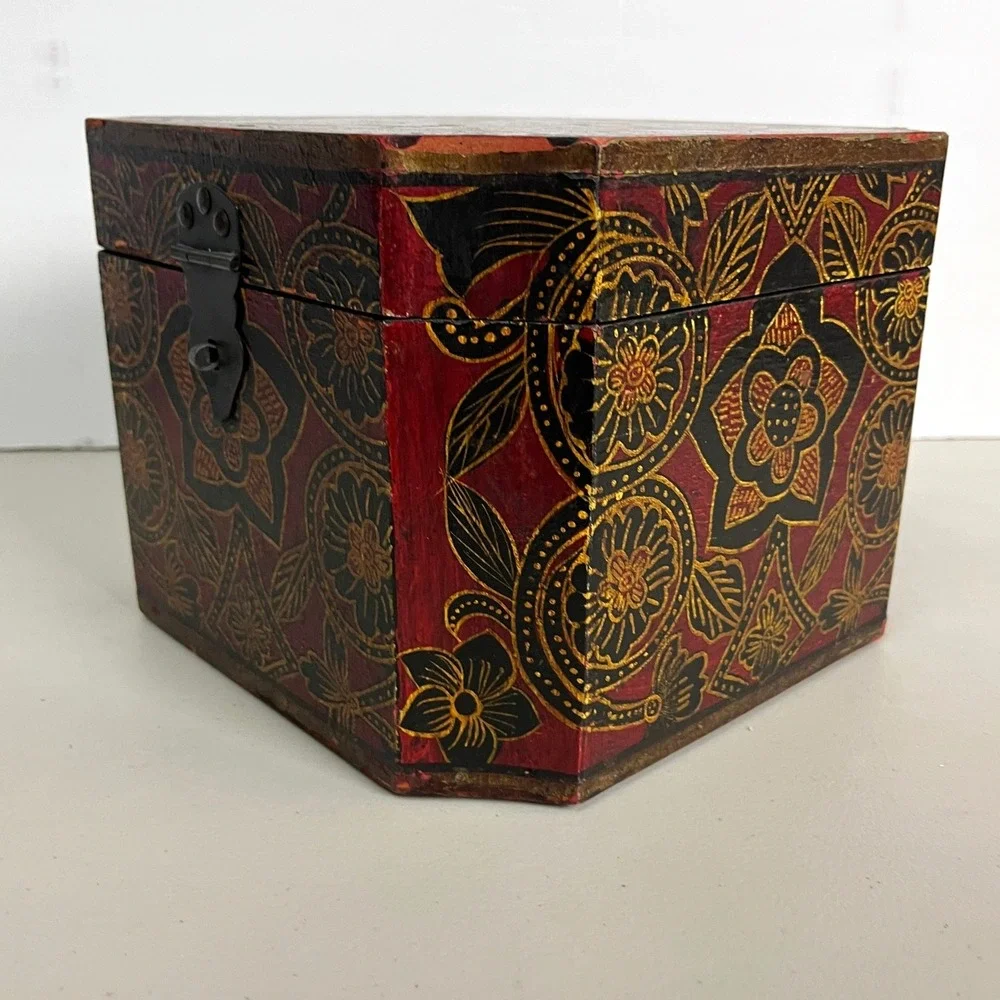 Vintage Hand Painted Wooden Octagonal Jewelry Box Red Black Gold Floral Folk Art